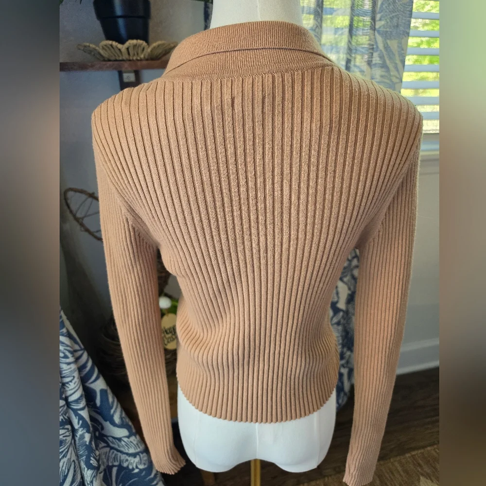aerie Ribbed Button-Front Collared Cardigan - Camel